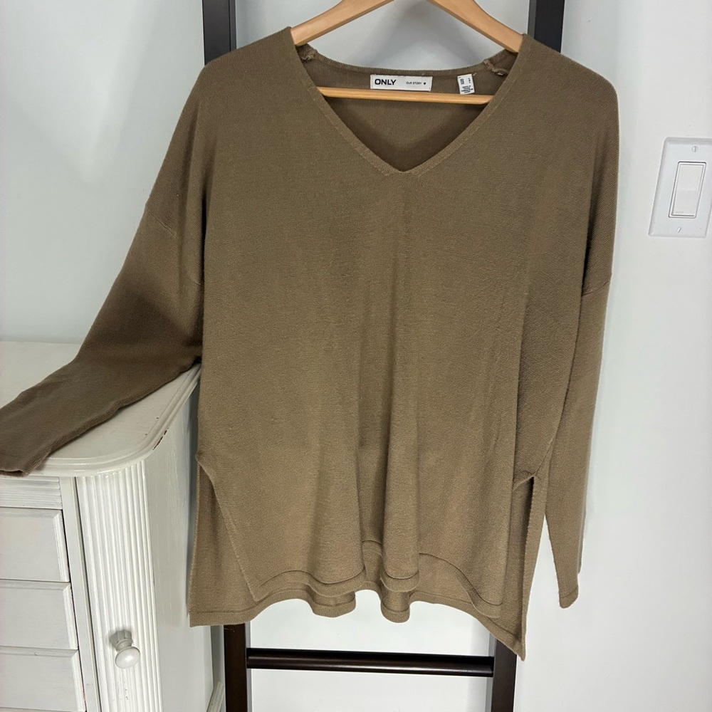 Only Tan V-Neck Sweater. Super soft material! Size Large. Casual, cozy, soft